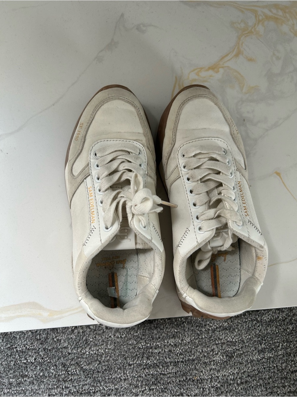 Sam Edelman Men's Lace-Up Sneakers in Off-White with Brown Sole